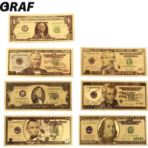 7PCS 100/50/20/10/5/2/1 Dollar Fake Money Prop Money USA Banknotes Bills Bank Note in 24K Gold Plated Fake Currency Mone Gifts