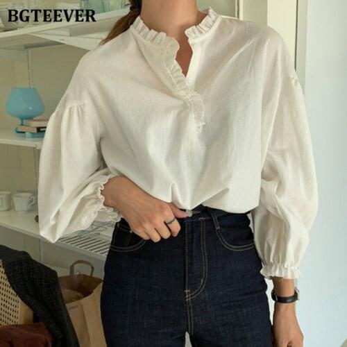 BGTEEVER Chic Stand Collar Ladies White Shirts Blouses Full Sleeve Buttons Women Shirts 2021 Spring Casual Loose Female Tops
