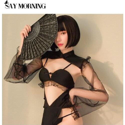 SAY MORNING Women‘s Sexy Black Cheongsam Buckle Flared Night Dress Ruffle Slit Sleepwear Bra Temptation Nightgown