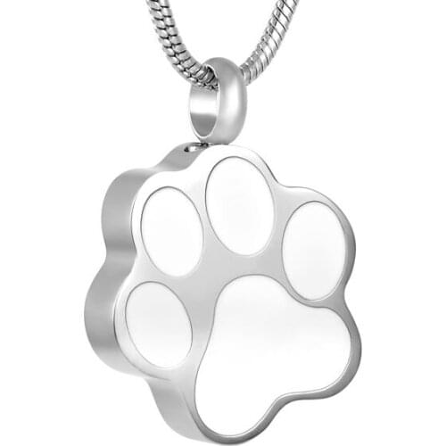 IJD8451 Hot Selling Pet Keepsake Jewelry White/Black Dog Paw Shape 316L Stainless Steel Cremation Urn Ashes Pendant Necklace