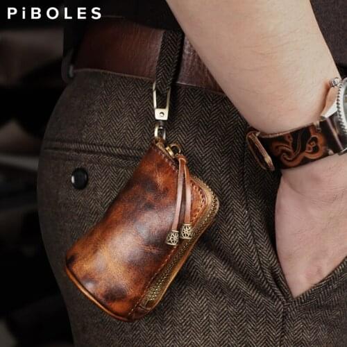 Crazy Horse Leather Key Wallet Genuine Leather Smart Key Housekeep Keys Holder Bag Portable Storage Coin Purse For Men, Women