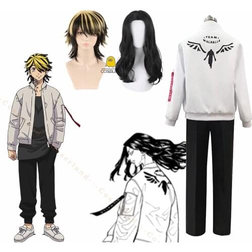 Anime Tokyo Revengers Gang Baruhara Valhalla Uniform Keisuke Baji Kazutora Hanemiya Cosplay White Jacket Costume Black Wig Pants