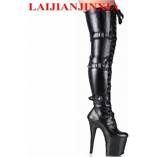 LAIJIANJINXIA 2018 20cm High Heel Over The Knee Sexy Boots Soft PU Leather High Boots Sexy Shoes Clear Platform Pole Dance Shoes