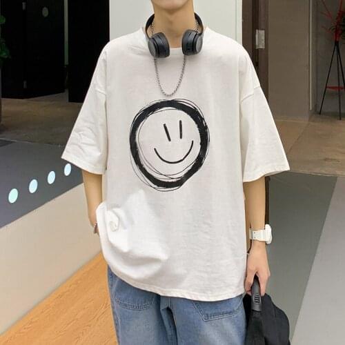 Mens Cotton Oversized T-shirt Casual Half Sleeve Tees Smiling Face Printed Tops Young Fashion Style AW21 Men Clothes