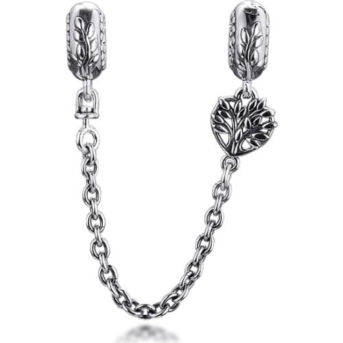 Valentines Day Heart Family Tree Safety Chain Sterling Silver Jewelry Fits Original Charm Bracelet & Necklace Woman DIY Bead