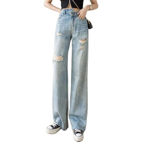 Thin style ripped jeans retro wide-legged straight loose trousers irregular drape jeans 2021 summer fashion womens clothing