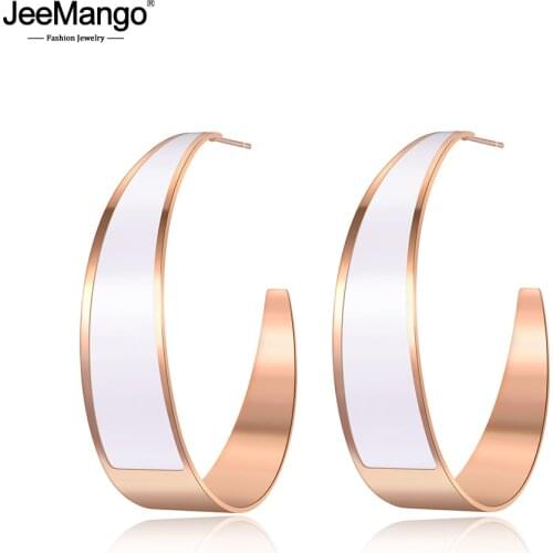 JeeMango Trendy Stainless Steel Geometric Semicircle Earrings Jewelry Rose Gold White/Black Glazed Earrings For Women JE19118