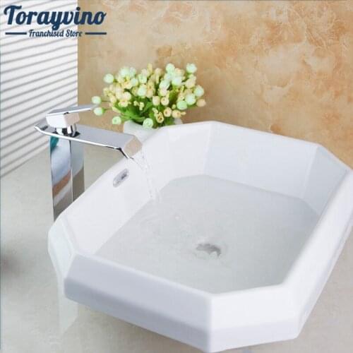 Bathroom Luxury WashBasin With Brass Faucet Set Multi- Edges Corners Design White Ceramic Art Contemporary basin & waterfall tap