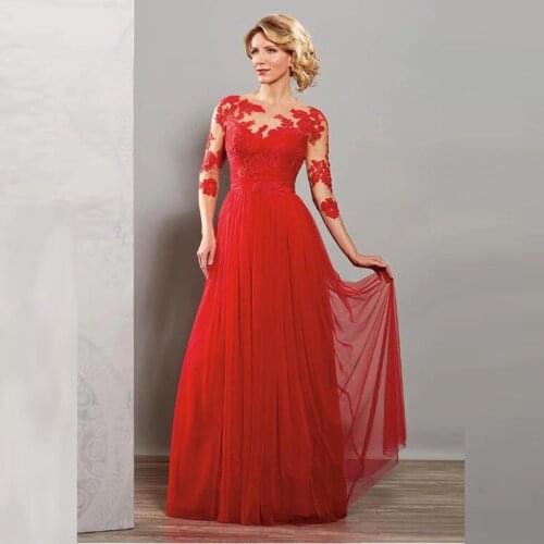 Gorgeous Red A Line Tulle Boat Neck Mother of the Bride Dresses Lace Applique Mother of the Groom Gowns With 3/4 Sleeves