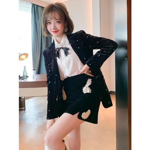 Embroidery pattern three dimensional Nail Drill double breasted medium length velvet suit coat womens wear 2021 Spring new