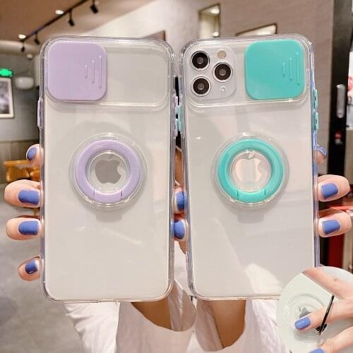 Slide Camera Protection Ring Holder Phone Case For iPhone 11 12 Pro Max XR XS Max 7 8 Plus Clear Soft Bumper Shockproof Cover