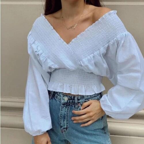 Ruffed V-neck Off Shoulder Vintage Blouse Women Loose Casual Solid Short Shirt Sexy Long Sleeve Retro Shirts Streetwear