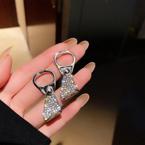 Origin Summer Trendy Rhinestones Zipper Earrings for Women Female Silver Color Metallic Statement Dangle Earrings Party Jewelry