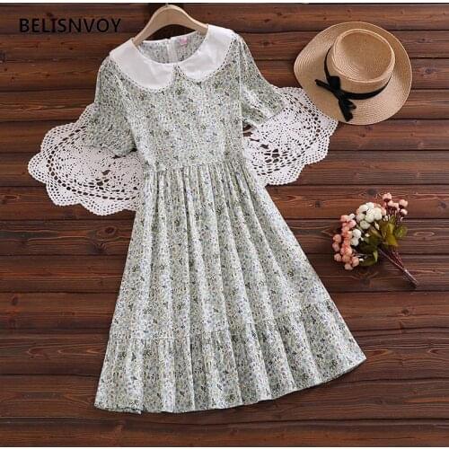 2021 Japanese Mori Girl Summer Women Floral Printed Dress Peter Pan Collar Sweet Vestidos Mujer Elegant Cute Ruffles Dress
