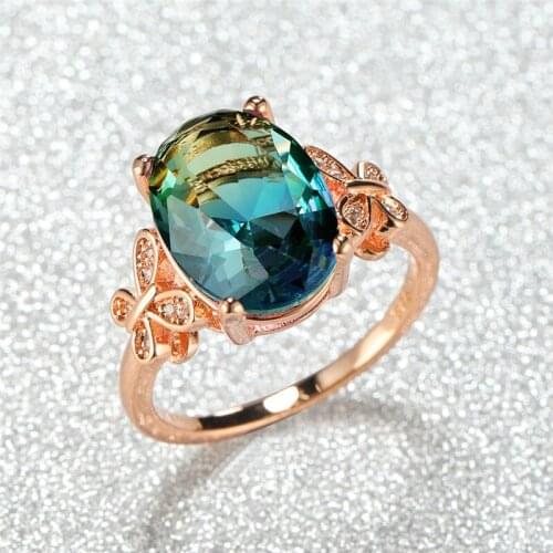 Big Oval Rainbow Stone Cute Butterfly Rings For Women Men Vintage Fashion Rose Gold Multicolor Zircon Ring Female Animal Jewelry