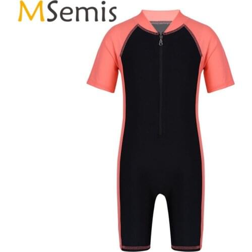 Kids Girls Gymnastic Swimsuit Boys Dance Leotard Balllet Bodysuit Short Sleeves Zippered Shorty Wetsuit Swimwear Bathing Suit