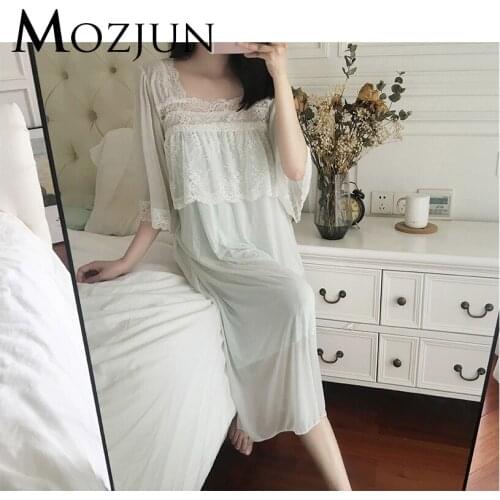 Long Lace Bridal Robes Mesh Cotton Robe For Women Sleeping Night Dress Plus Size 3 Color Vs Pink Women Brand Mozjun #MZ91