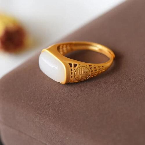Natural Hetian Jade Stone Ring Female Retro Opening Chinese Royal Court Style S925 Sterling Silver Lucky Gemstone Index Finger R