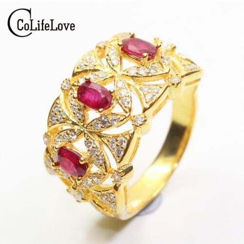 Classic natural ruby silver ring 3 pcs 3 mm * 5 mm blood red ruby ring solid 925 silver ruby ring luxurious ruby jewelry