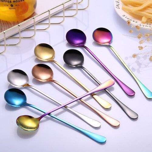 Circle Long Handle Spoon Creative Stainless Steel Coffee Stirring Dessert Cake Tea Fruit Spoon Gift Specialty Tableware