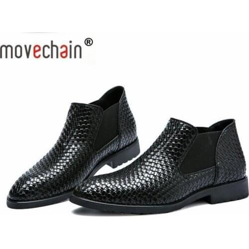 Movechain Mens Woven Grain Leather Chelsea Boots Men Pointed Toe Fashion Ankle Boot Shoes Flats Sizes EU 38-48