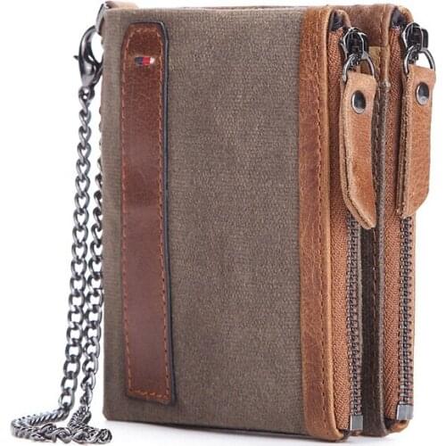 Crazy Horse Cowhide Mens Wallet Leather Short Anti-RFID Theft Brushed Oil Wax Canvas Double Zipper Wallet