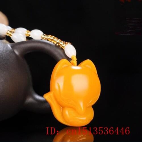 Natural Yellow Jade Fox Pendant Beads Necklace Jewellery Fashion Accessories Hand-Carved Man Amulet Sweater Chain