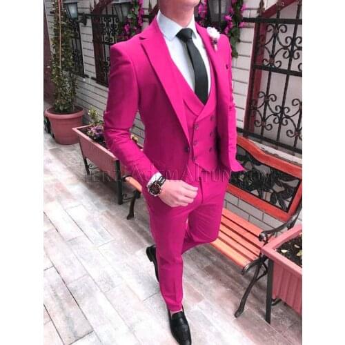 New Arrival Men Suits Hot Pink Groom Tuxedos Notch Lapel Groomsmen Wedding Best Man 3 Pieces ( Jacket+Pants+Vest+Tie ) C897