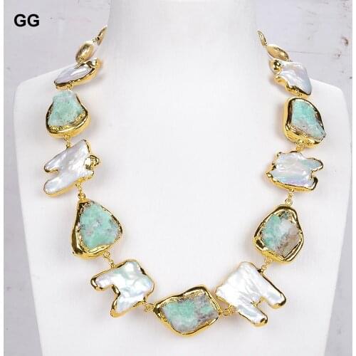 GG Jewelry Cultured White Keshi Natural Pearl Natural Green Emeralds Rough Necklace 22" For Women