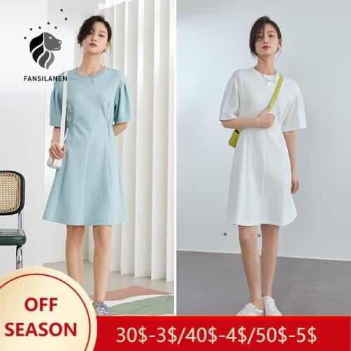 FANSILANEN Office Ladies Knitted Blue White Dress Women Summer 2021 New Style Puff Sleeve Short-Sleeved A-line Dress