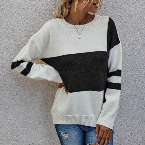 Fashion Women Autumn Long Sleeve O Neck Sweater Color Block Knitwear Jumpers