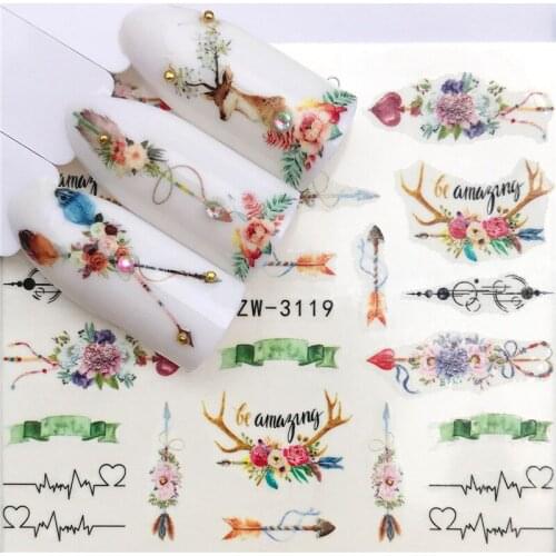 Water transfer nail art sticker for 3D manicure accessories flamingo deers feather leaves ultra thin nail foils FW061