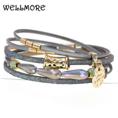 WELLMORE NEW leather bracelets for women fashion 9 colors crystal charm Bracelets & Bangles Female Jewelry wholesale