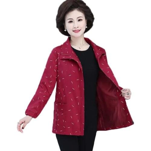Middle-aged Women Windbreaker New Print Zipper Short Jacket Autumn Coat Plus Size 5XL Female Basic Coats Casual Tops Outerwear