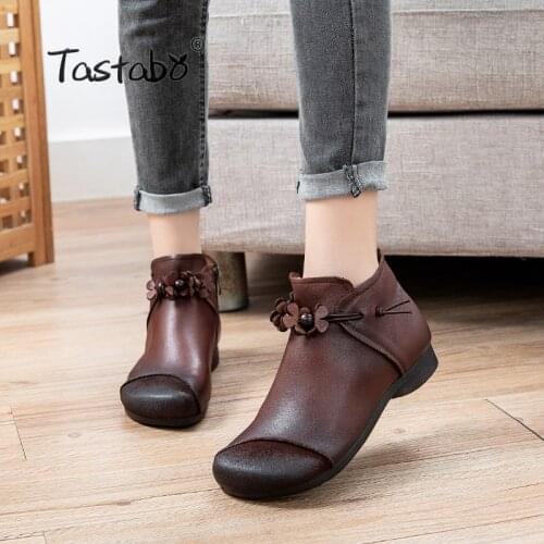 Women Retro Genuine Leather Boots Zapatillas Leather Small Flowers Pattern Flat Boots Ladies Shoes Women 198-5
