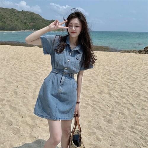 Vestidos Verano Denim Dresses For Women 2021New Korean Casual Receive Waist Temperament Robe Femme Blue A260
