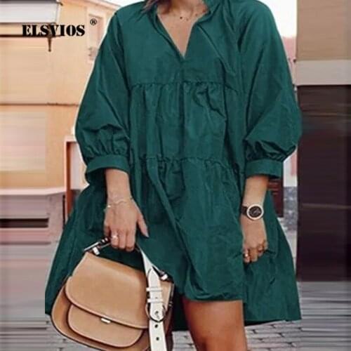 Women Spring Vacation Casual Dress Elegant Solid V Neck Lantern Sleeve Mini Dress New Summer Ladies Cotton Party Dress Vestidos