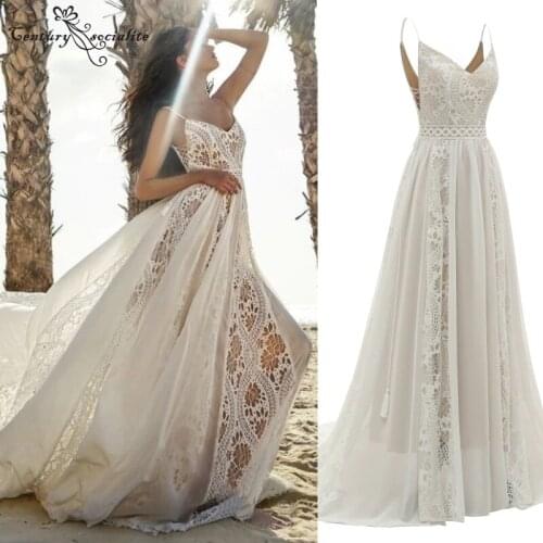 Boho Wedding Dresses for Women 2021 Spaghetti Straps Lace Chiffon A-Line Bohemian Bridal Gowns Bride Dress Robe de Mariee