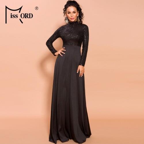 Missord 2021 Autumn and Winter Women Sexy High Neck Long Sleeve Sequin Dresses Female Solid Color Maxi ELegant Dress FT19693