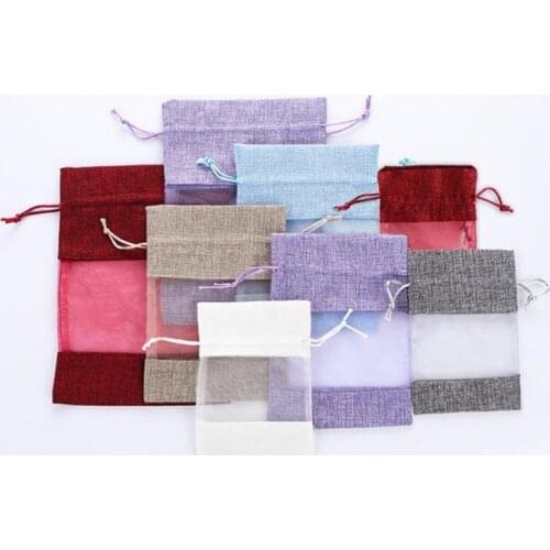 200pcs Clear Window Flax Organza Linen Hessian Pouch Jute Gift Bag Drawstring Pouches Jewelry Packaging Christmas Wedding NO42