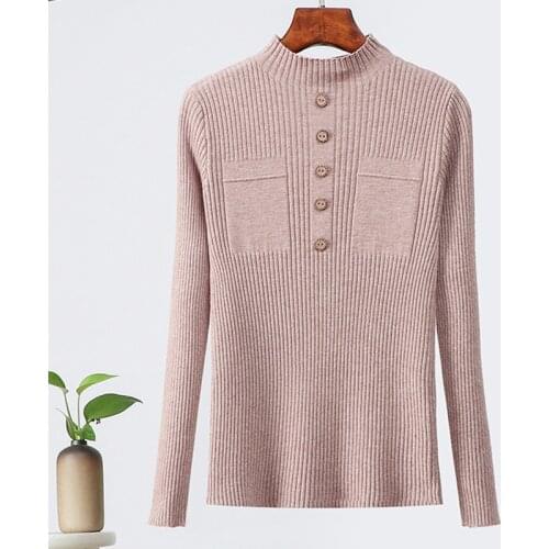 2021 Women Autumn Knitted Slim Sweaters Solid Knitted Female Cotton Soft Elastic Color Pullovers Button Full Sleeve Turtleneck