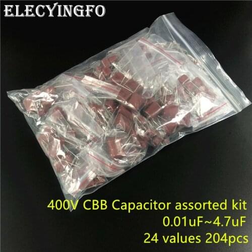 400V 0.01uf~4.7uf CBB metal film capacitors Assortment Kit 24 values 204pcs 10nF 22nF 47nF 100nF 0.1uF 0.68uF 1uF 2.2uF 3.3uF