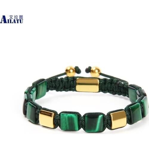 Ailatu Wholesale New 8x8mm Natural Green Tiger Eye Square Stone Bracelets Stainless Steel Jewelry Mens Party Gift