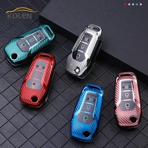 Carbon Fiber TPU Car Flip Key Case Cover For Ford Ranger Fusion Fiesta Escort Mondeo KUGA Ecospord Holder Shell Fob Accessories