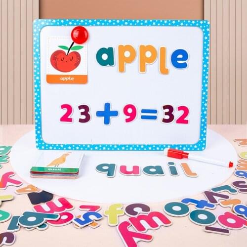 Wooden spelling word games, childrens early education toys, multi-function numbers, letters, magnetic stickers, drawing boards