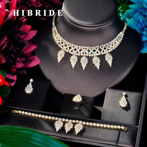 HIBRIDE Beauty Long Pendant Cubic Zircon Women 4 pcs Jewelry Set Dress Necklace Earring Jewelry Set For Party Gits N-875