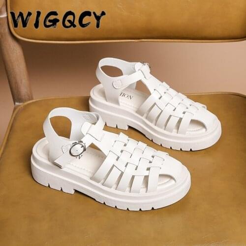 Summer Platform Sandals Pu Leather Mid Heel Shoes T-Strap Round Toe Female Footwear Buckle Strap Wedges Sandals Casual Riband