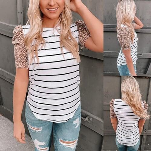 Summer T Shirt Women New 2021 Ms Stripe Leopard Print Female Leisure T-shirt Short Sleeves Female Tee Tshirts CKX9662