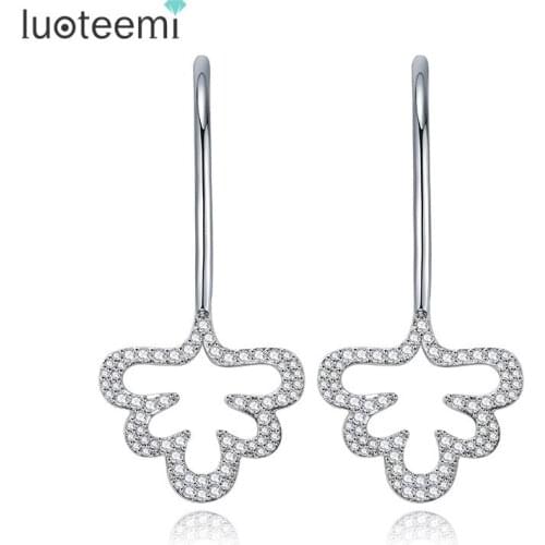 LUOTEEMI White Gold-Color Shinning CZ Micro Paved Heart Pendant Dangle Ear Wire Earring Brincos For Women Wedding Bridal Bijoux