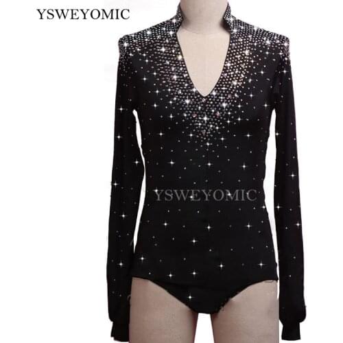 New Style Black Latin Dance Shirts Tops With Crystal For Male Long Sleeve Practice Clothes Chacha Stage Men latin ballroom shirt